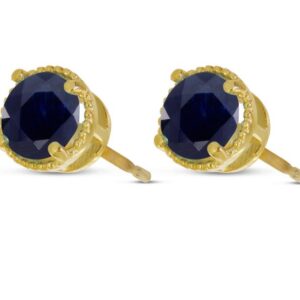 14K Yellow Gold 5mm Round Sapphire Millgrain Halo Earrings