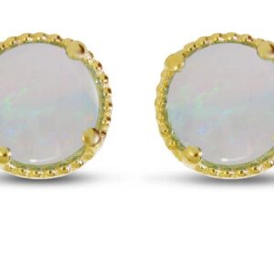 14K Yellow Gold 5mm Round Opal Millgrain Halo Earrings