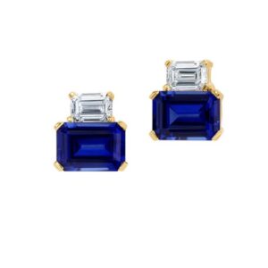 Chatham 14k Yellow Gold Earrings 7x5 Octagon Lab-Grown Blue Sapphire 2.40 cts, Lab-Grown Diamond .50 ctw