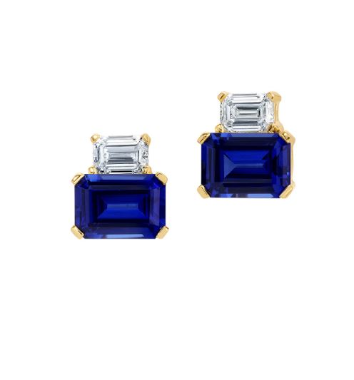 Chatham 14k Yellow Gold Earrings 7x5 Octagon Lab-Grown Blue Sapphire 2.40 cts, Lab-Grown Diamond .50 ctw