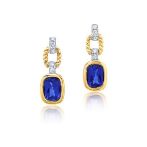 Chatham 14k Yellow & White Gold Earrings 7x5 Checkerboard Antique Cushion Lab-Grown Blue Sapphire 2.42 cts, Lab-Grown Diamonds .18 ctw