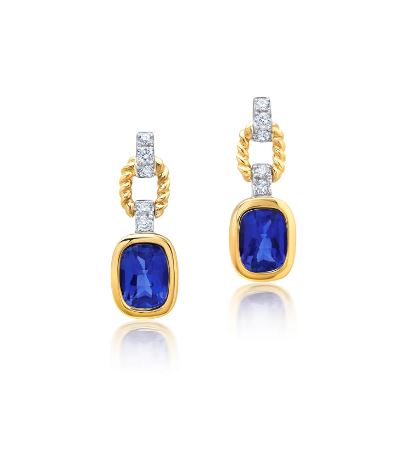 Chatham 14k Yellow & White Gold Earrings 7x5 Checkerboard Antique Cushion Lab-Grown Blue Sapphire 2.42 cts, Lab-Grown Diamonds .18 ctw