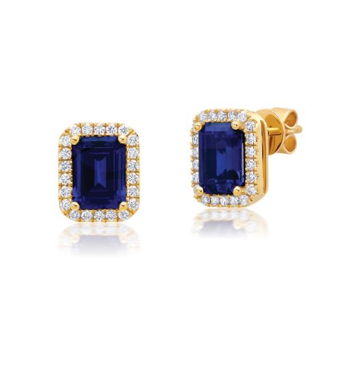 Chatham 14k Yellow Gold Earrings 7x5.5 Octagon Lab-Grown Blue Sapphire 3.22 cts, Lab-Grown Diamonds .33 ctw