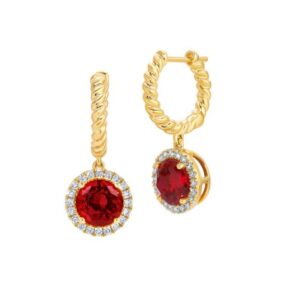 Chatham 14k Yellow Gold Halo Earrings 7.0 Round Lab-Grown Ruby 3.62 cts, Lab-Grown Diamonds .31 ctw