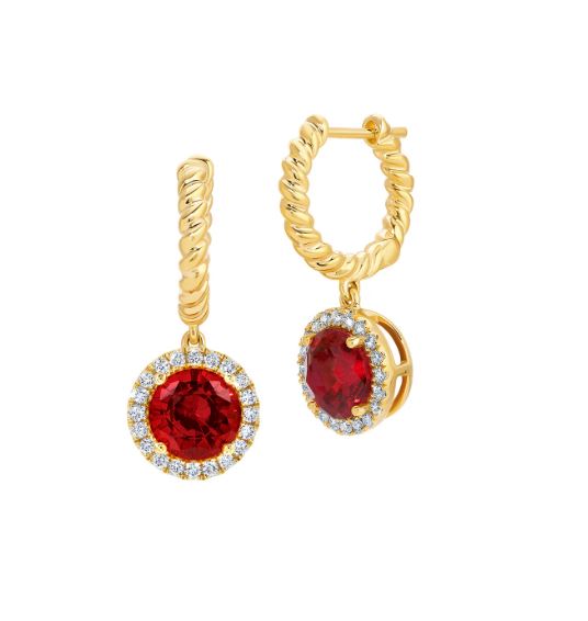 Chatham 14k Yellow Gold Halo Earrings 7.0 Round Lab-Grown Ruby 3.62 cts, Lab-Grown Diamonds .31 ctw
