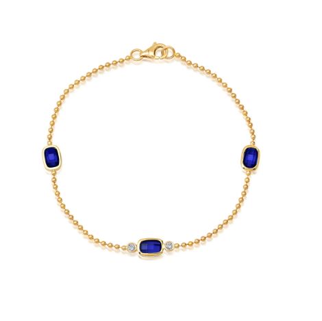 Chatham 14k Yellow Gold Bracelet 6x4 Antique Cushion Checkerboard Lab-Grown Blue Sapphire 2.40 ctw, Lab-Grown Diamonds .06 ctw