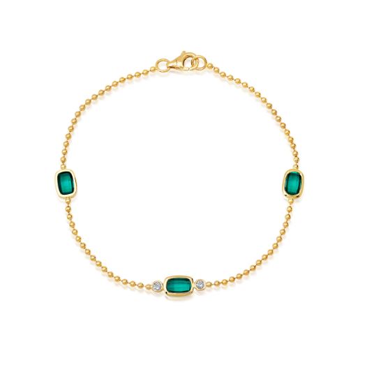 Chatham 14k Yellow Gold Bracelet 6 x4 Antique Cushion Checkerboard Lab-Grown Emerald 1.62 ctw, Lab-Grown Diamonds .06 ctw