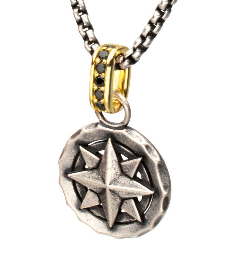 INOX MENS STAINLESS STEEL GOLD-TONE BLACK SPINEL COMPASS 22" NECKLACE