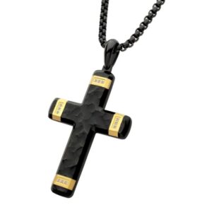 INOX MENS STAINLESS STEEL GOLD-TONE & BLACK .06CTTW LAB GROWN DIAMOND HAMMERED CROSS