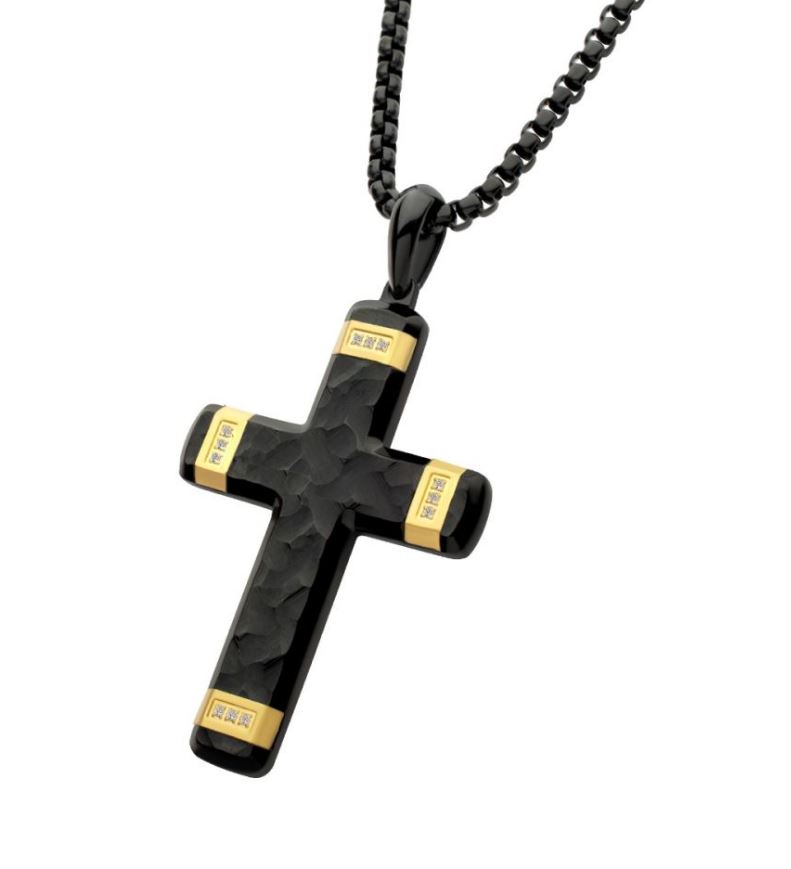 INOX MENS STAINLESS STEEL GOLD-TONE & BLACK .06CTTW LAB GROWN DIAMOND HAMMERED CROSS