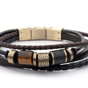 INOX MENS BROWN LEATHER TIGERS EYE BEADED MUTLI-STRAND BEADED BRACELET