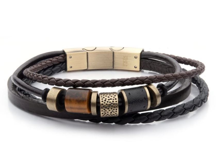 INOX MENS BROWN LEATHER TIGERS EYE BEADED MUTLI-STRAND BEADED BRACELET