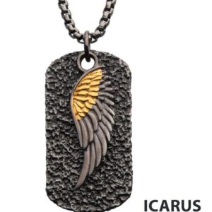 INOX MENS GUN METAL IP STEEL GOLD-TONE DOG TAG / WING 24" NECKLACE