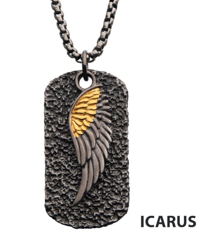 INOX MENS GUN METAL IP STEEL GOLD-TONE DOG TAG / WING 24" NECKLACE