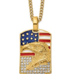 MENS STAINLESS STEEL YELLOW IP ENAMELED CRYSTAL PATRIOTIC DOG TAG 24" CURB CHAIN NECKLACE
