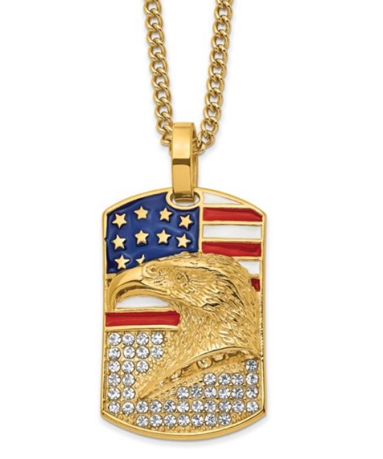 MENS STAINLESS STEEL YELLOW IP ENAMELED CRYSTAL PATRIOTIC DOG TAG 24" CURB CHAIN NECKLACE