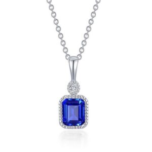 Lafonn Sterling Silver .91 cttw Emerald Cut Simulated Diamond/Lab Grown Sapphire SeptemberPendant Necklace