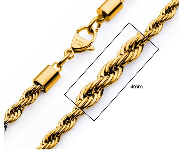 INOX MENS STAINLESS STEEL GOLD-TONE 4MM 22" ROPE CHAIN