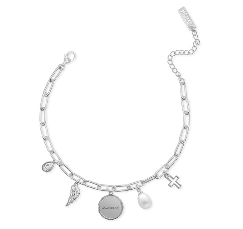 STERLING SILVER SWISH "GRATEFUL BLESSED THANKFUL" CHARM BRACELET