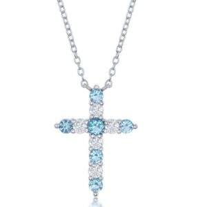 Ladies Sterling Silver Swiss Blue Cubic Zirconia December Birthstone Cross Necklace