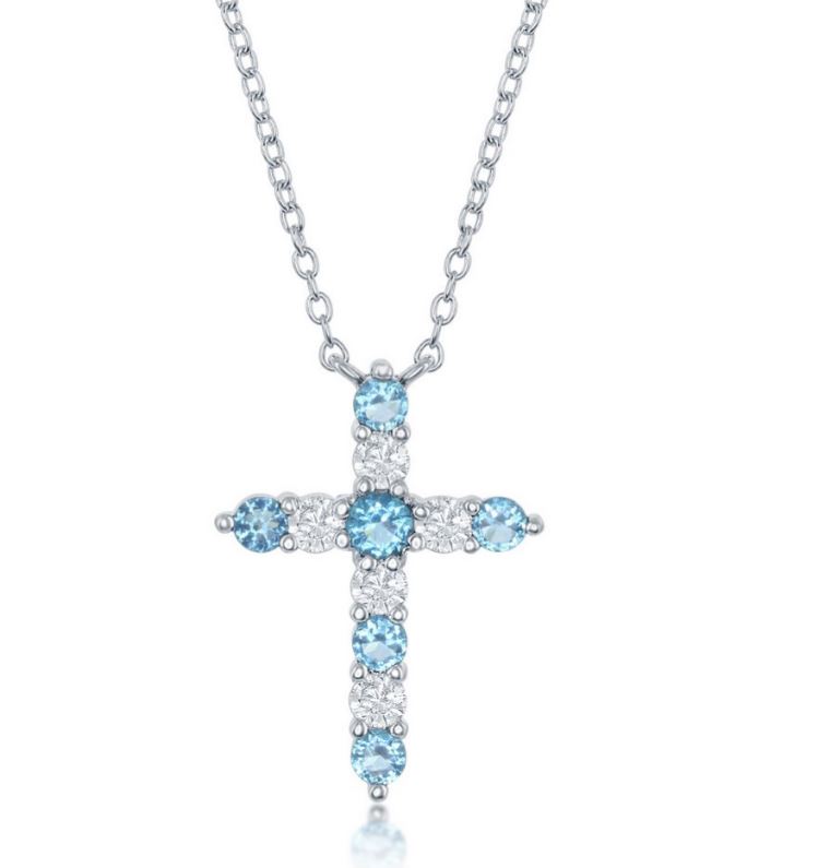 Ladies Sterling Silver Swiss Blue Cubic Zirconia December Birthstone Cross Necklace