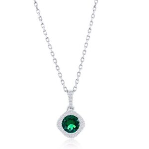 Ladies Sterling Silver 0.71ct Lab Grown Round Emerald .07cttw Natural Diamond Halo Necklace 18"