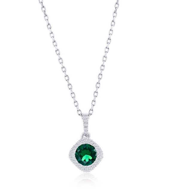 Ladies Sterling Silver 0.71ct Lab Grown Round Emerald .07cttw Natural Diamond Halo Necklace 18"