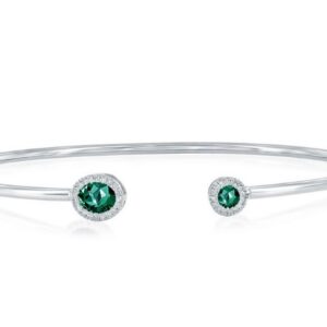 Ladies Sterling Silver .54cttw Lab Grown Round / Oval Emerald .11cttw Diamond Halo Bangle Bracelet