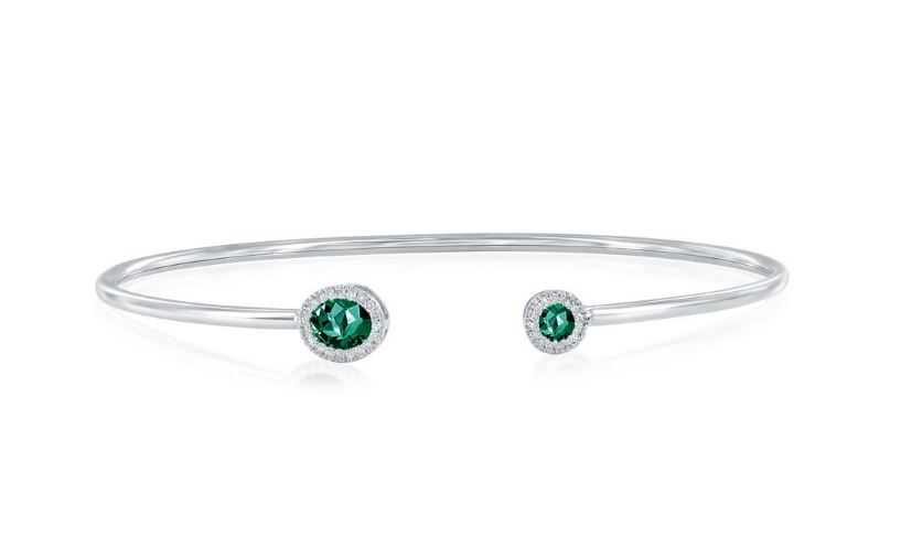 Ladies Sterling Silver .54cttw Lab Grown Round / Oval Emerald .11cttw Diamond Halo Bangle Bracelet