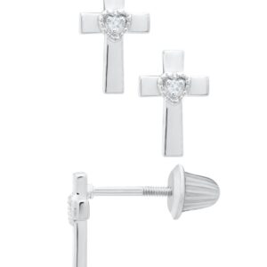 SS .015CTTW DIAMOND HEART CROSS BABY STUD EARRINGS