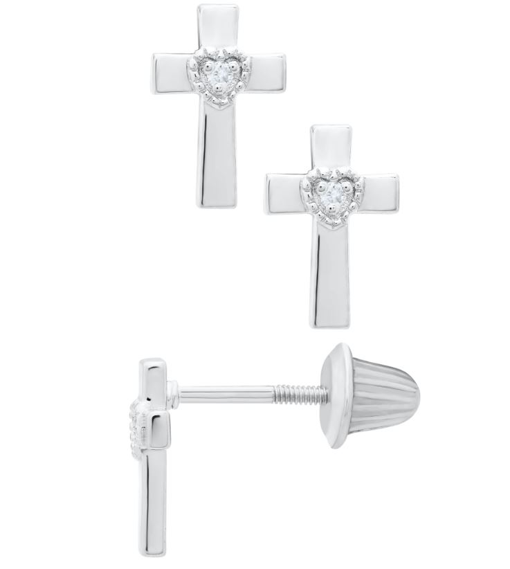 SS .015CTTW DIAMOND HEART CROSS BABY STUD EARRINGS