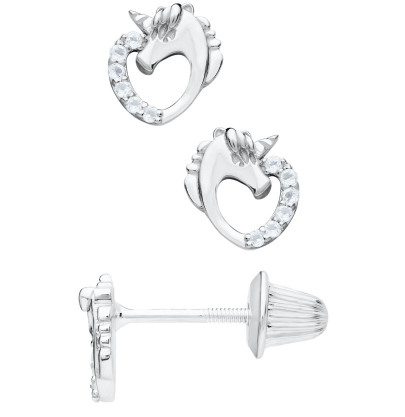 SS WHITE TOPAZ HEART UNICORN STUD EARRINGS