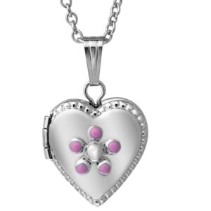 SS PINK FLOWER BABY HEART LOCKET 15" NECKLACE