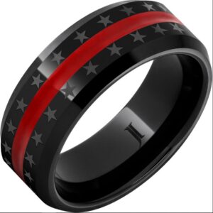JEWELRY INNOVATIONS GENTS 8MM BLK CERAMIC BEVEL 2MM RED ENAMEL STAR BAND