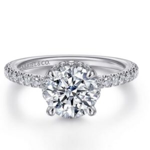 GABRIEL & CO. 14KW 10.5X7 OV CZ CENTER 50=.42CTTW 1.5,2-5 HIDDEN HALO PRONG SET ENG RING MTG