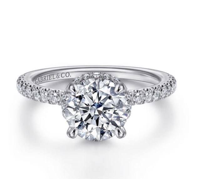 GABRIEL & CO. 14KW 10.5X7 OV CZ CENTER 50=.42CTTW 1.5,2-5 HIDDEN HALO PRONG SET ENG RING MTG
