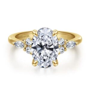 GABRIEL & CO. 14KY 10.5X7 OV CZ CENTER 2=.11CTTW 1.5,2-4 4=.15CTTW 1.5,2-5 RND ENG RING MTG