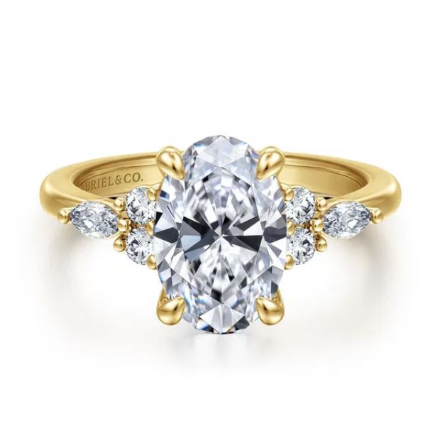 GABRIEL & CO. 14KY 10.5X7 OV CZ CENTER 2=.11CTTW 1.5,2-4 4=.15CTTW 1.5,2-5 RND ENG RING MTG