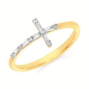 OSTBYE 14K Y .11 CTTW ROUND / BAGUETTE DIAMOND PRONG SET E-W CROSS RING