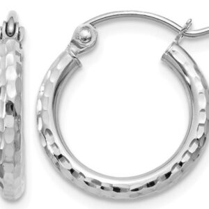 10K WHITE GOLD 2MM DIAMOND CUT ROUND TUBE HOOP EARRINGS