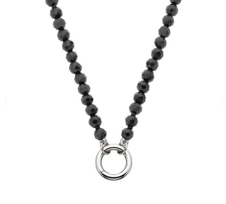 SS PUSH CLASP CHARM HOLDER BEADED ONYX NECKLACE