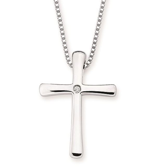 OSTBYE STERLING SILVER DIAMOND .01 CT HIGH POLISH STICK CROSS 18" BOX CHAIN
