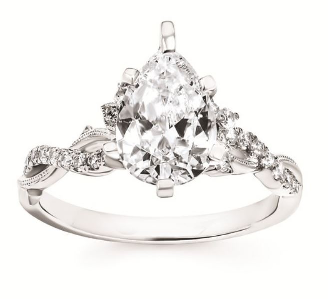 OSTBYE 14K W 2.0 CT PEAR CENTER .21 CTTW LEAF DESIGN RING MOUNTING