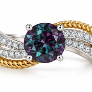 14KTT 8MM LAB-GROWN ALEXANDRITE .50TW DBL ROW TWIST SPLIT SHANK YG ROPE BYPASS RING