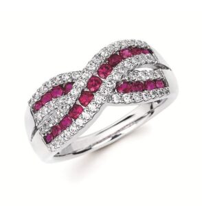 14K WHITE GOLD .55 CTTW RUBY .33 CTTW DIAMOND CROSS OVER RING