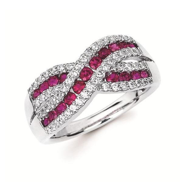14K WHITE GOLD .55 CTTW RUBY .33 CTTW DIAMOND CROSS OVER RING