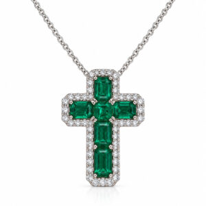 14K W 6 PC EMERALD 2.93TW + 50=.47TW-6,7 CHANNEL AND PRONG SET CROSS PENDANT