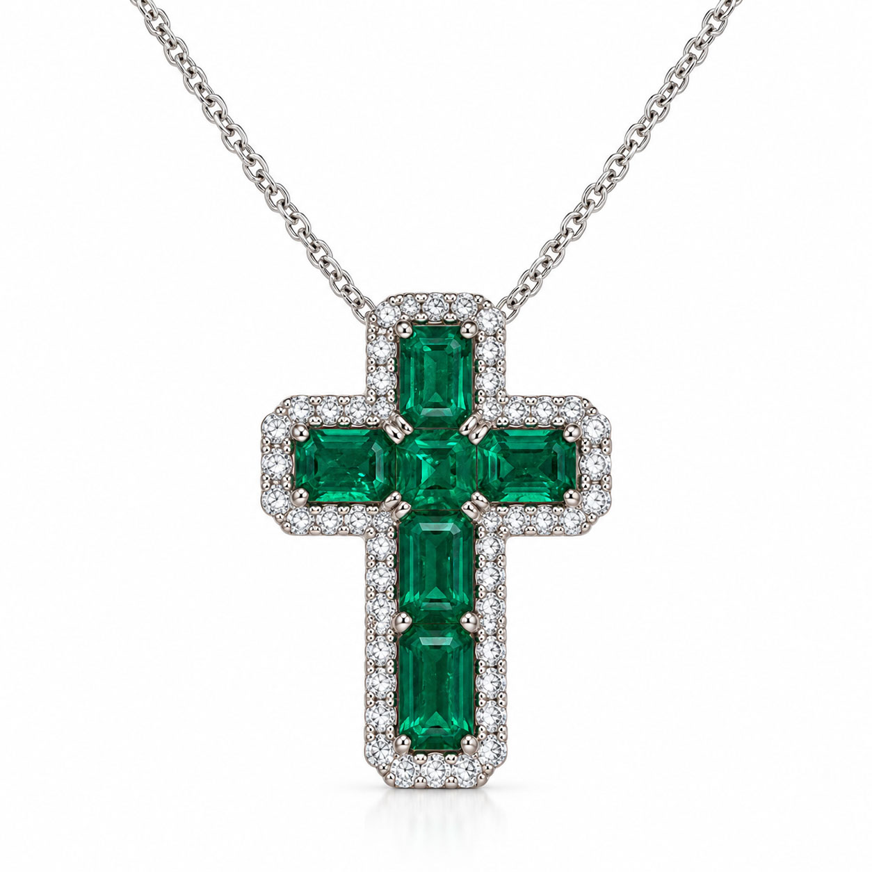14K W 6 PC EMERALD 2.93TW + 50=.47TW-6,7 CHANNEL AND PRONG SET CROSS PENDANT