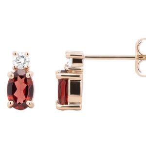 14K Y OVAL GARNET .08 CTTW DIAMOND STUD EARRINGS