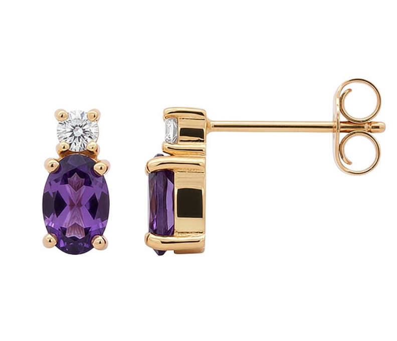 14K Y OVAL AMETHYST .08 CTTW DIAMOND STUD EARRINGS